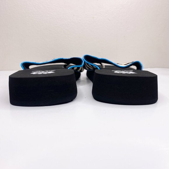 NEW Yellow Box Zebra Stripe Flip Flops Platform Sandals 8.5 Faux Hair Blue Trim - Picture 6 of 8